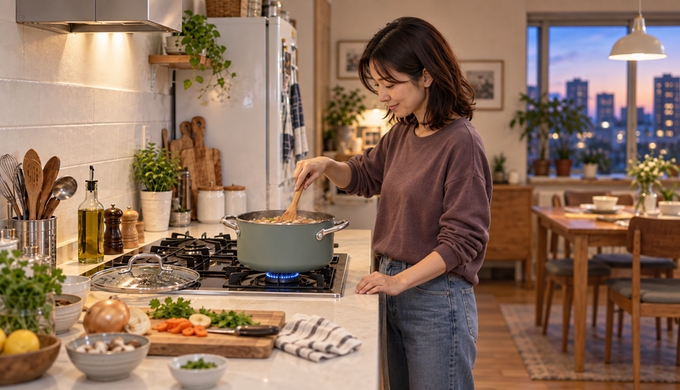 自宅のキッチンで、女性がグリーンの両手鍋を使い、コンロの火加減を変えずに調理を続けている。