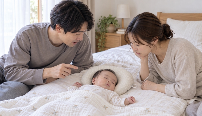 眠っている赤ちゃんの顔の向きを見ながら、一人の気づきにもう一人が視線を向けている。
