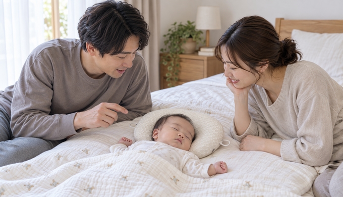 枕を使って眠る赤ちゃんを見ながら、夫婦が赤ちゃんの最近の寝方について言葉を交わしている。