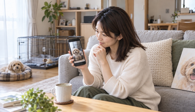 スマートフォンに表示した愛犬の写真を見ながら、犬の表情と背景に写ったケージを確認する人物。