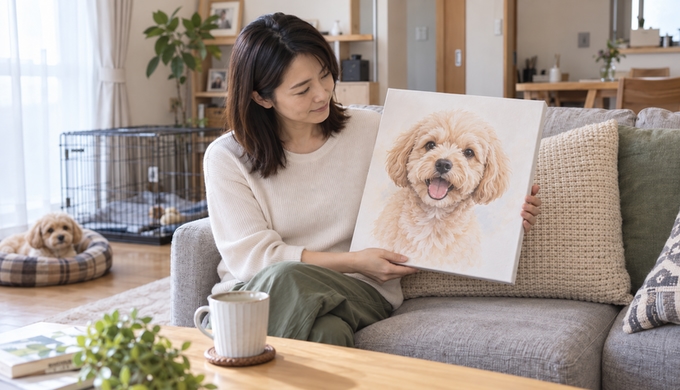 リビングで、愛犬の表情を描いた完成した似顔絵キャンバスを手に取って見る人物。