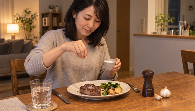 ダイニングテーブルで、焼いたヒレステーキに指先で塩を振る女性。