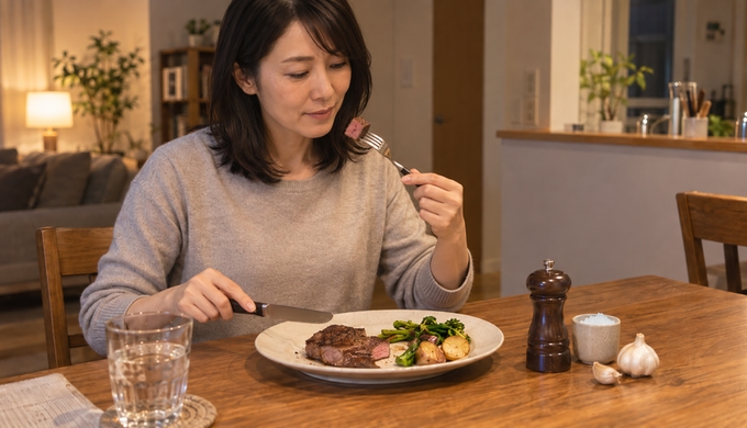 塩だけで味付けしたヒレステーキを一口分切り、フォークで口元へ運ぶ女性。