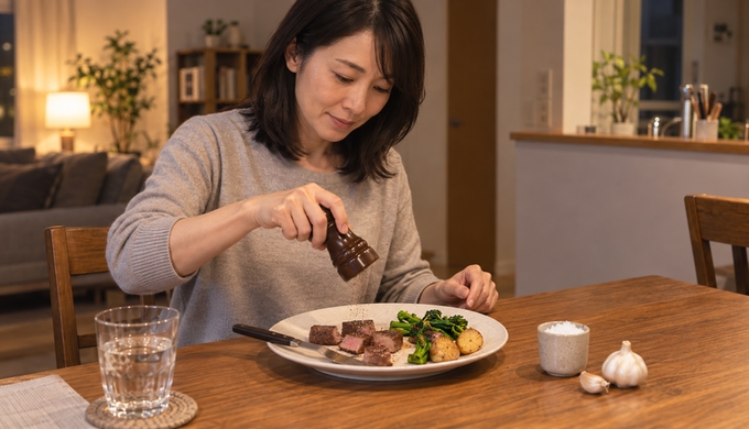 食べ進めたヒレステーキに胡椒を振り、そばに塩とガーリックを置いて味付けを変えている女性。