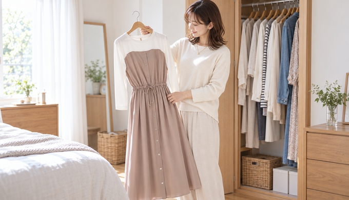 女性が自宅のクローゼット前で、一枚で装いが決まるビスチェ風ドッキングワンピースを手に取っている。