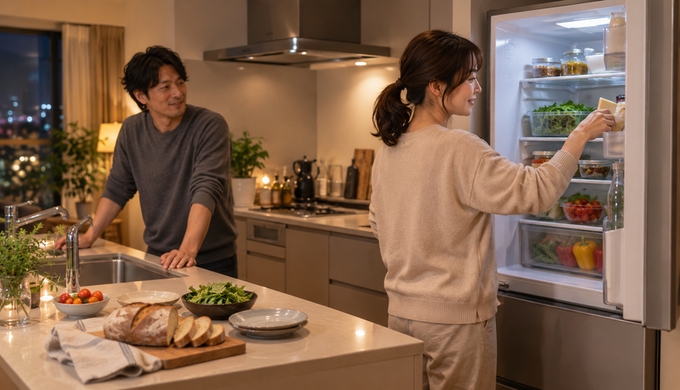 自宅のキッチンで、冷蔵庫を開けてチーズや野菜など食卓に出すものを選んでいる様子。