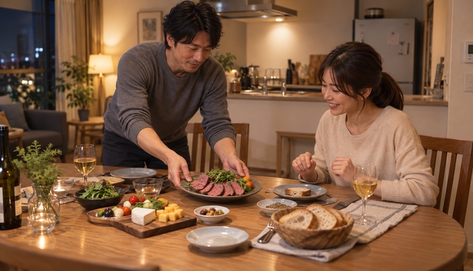 パンやチーズ、野菜が並ぶ食卓へ、切ったローストビーフの皿を置いている様子。