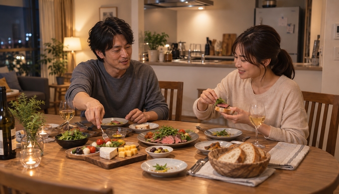食卓でローストビーフをパンや野菜と組み合わせながら、二人で少しずつ食べている様子。