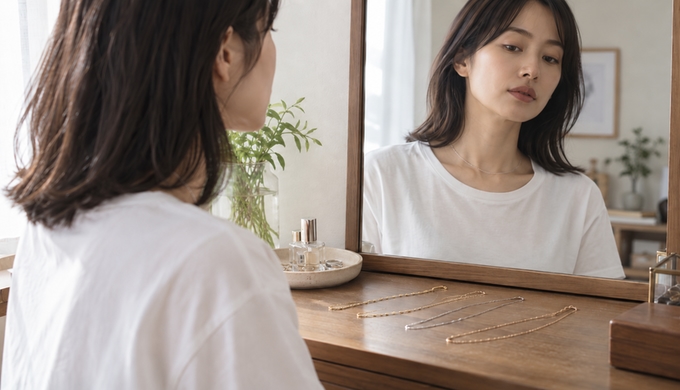 白Tを着た人物が鏡の前で細いネックレスを一本着け、首元の見え方を確認している。