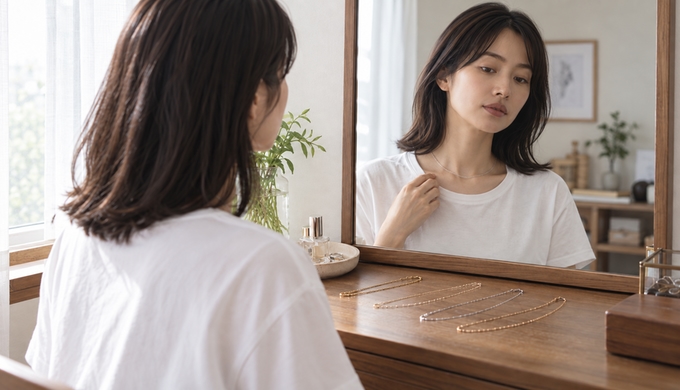 複数のチェーンを試したあと、人物が気になった一本をもう一度着けて鏡で確認している。