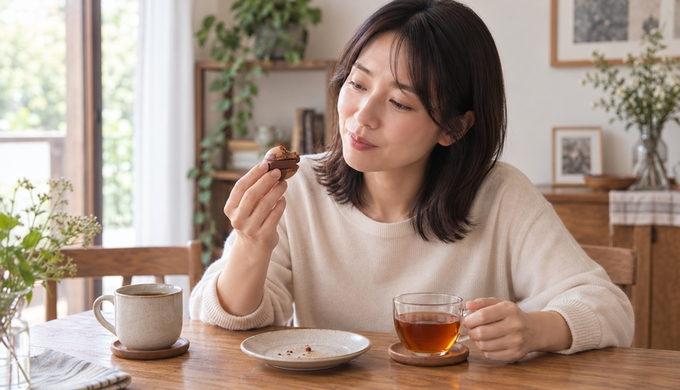 女性が食べかけの生チョコマカロンを手にしながら、紅茶と合わせて味わっている。