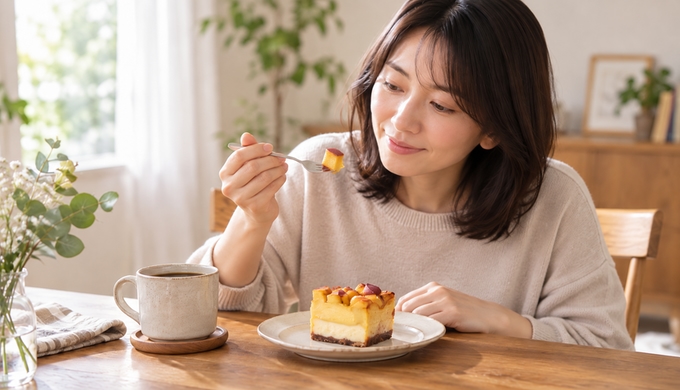 三層のケーキの上部からスイートポテトの部分だけをフォークですくい、口へ運ぼうとしている人物。
