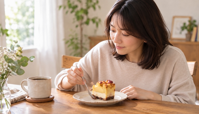 食べ進めた三層のケーキの断面を見ながら、下側のココア風味のタルト生地へフォークを入れている人物。