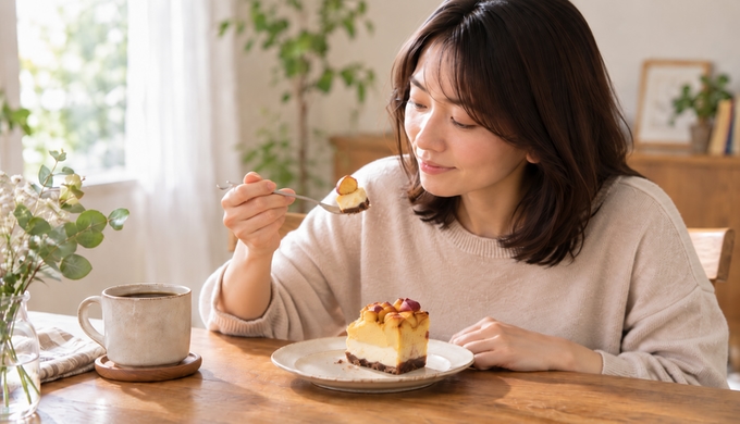 スイートポテト、チーズケーキ、ココアタルトの三層をフォークで一緒にすくい、口へ運ぼうとしている人物。