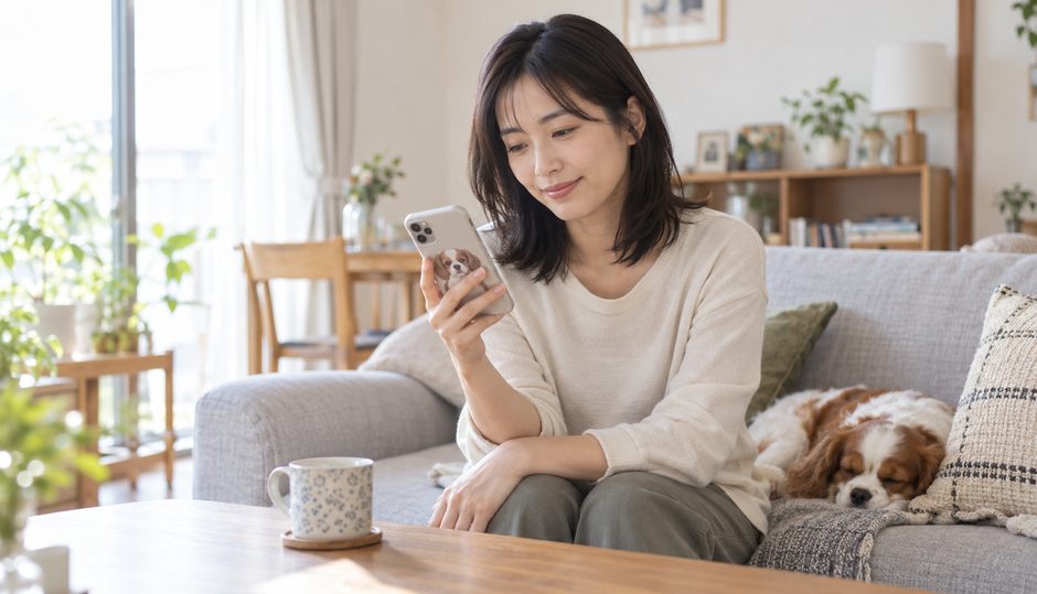 リビングで、ペットの似顔絵が入ったスマホケースを手に持って眺めている人物。