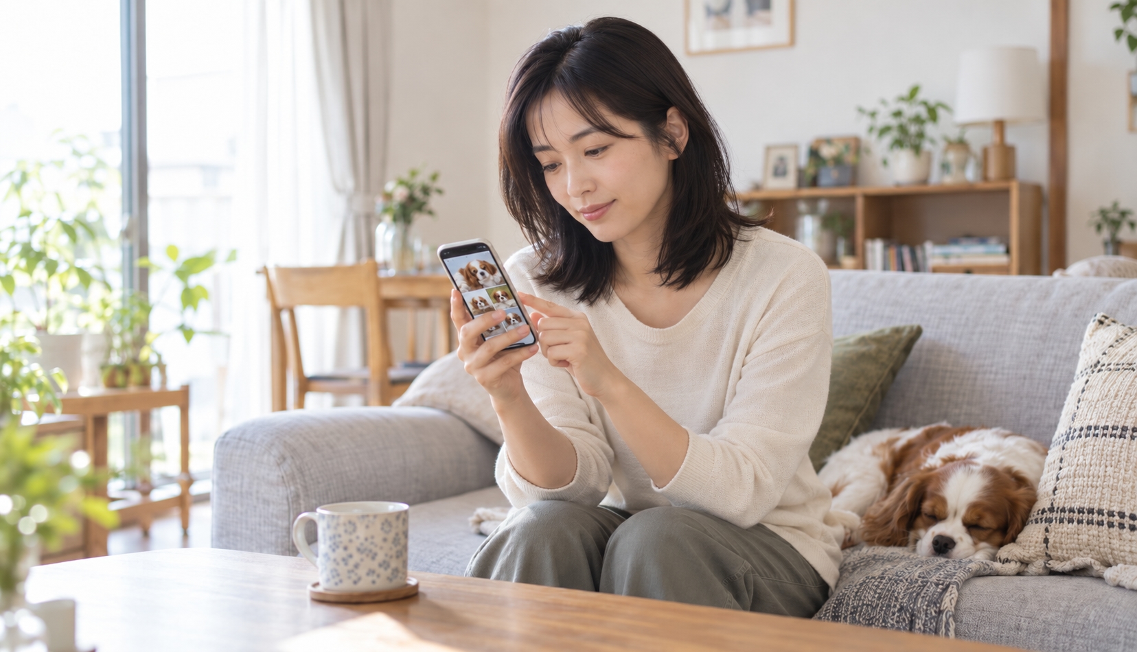 リビングでスマホの写真フォルダを開き、並んだペットの写真を見比べている人物。