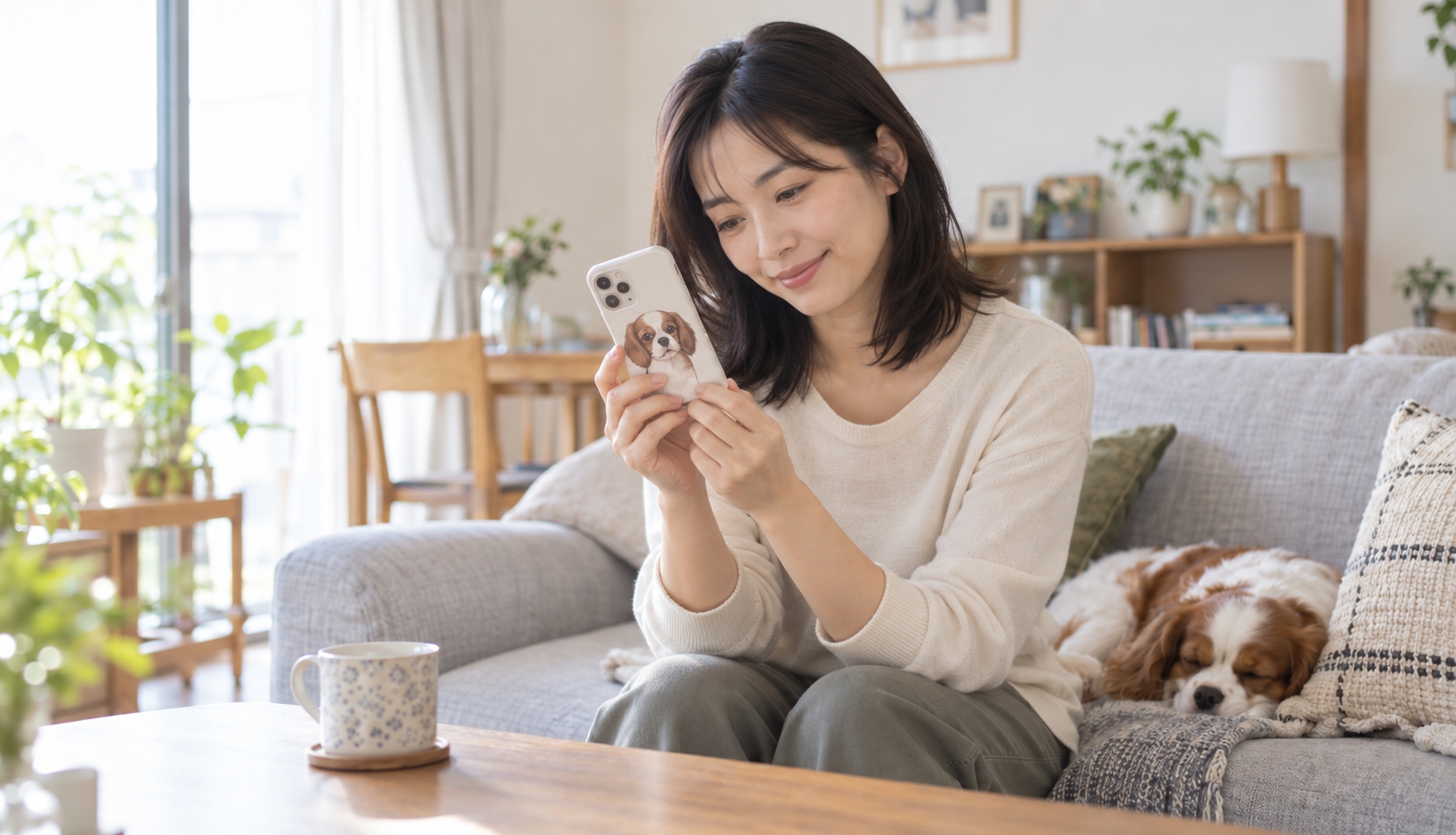 ペットの似顔絵が入ったスマホケースを手に取り、描かれた表情を眺めている人物。