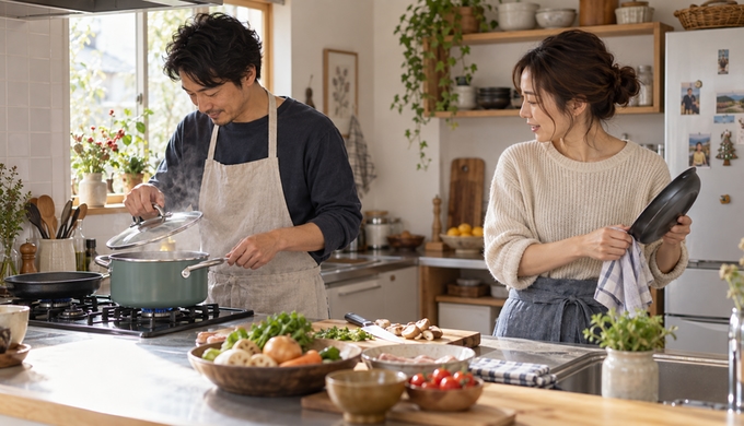 自宅のキッチンで、2人が鍋やフライパンを見ながら一緒に料理をしている。