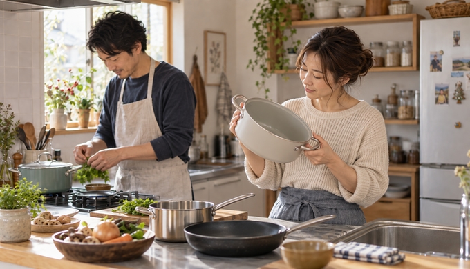 キッチンで鍋を手に取り、内側や表面を確かめるように見ている。