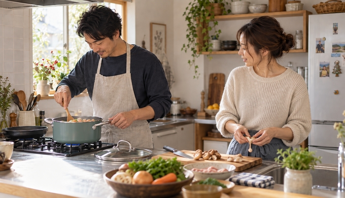 自宅のコンロで、両手鍋を使って料理をしている。