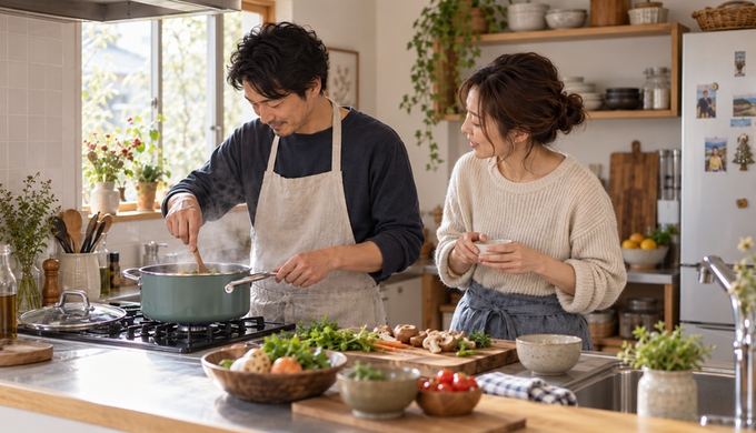 調理中の鍋を前に、2人が料理を続けながら会話している。