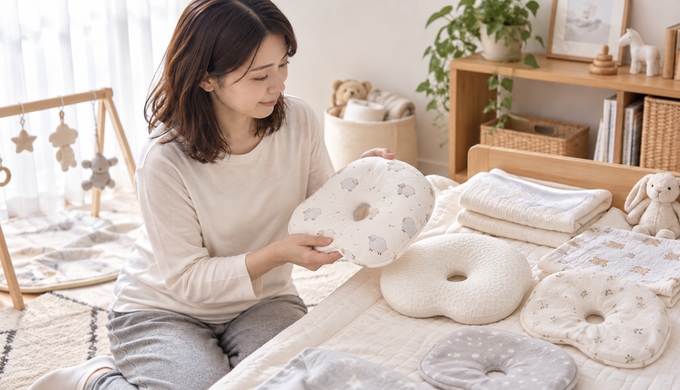 赤ちゃんの寝具のそばで、保護者がベビー枕と複数のカバーを見比べながら一枚を選んでいる。