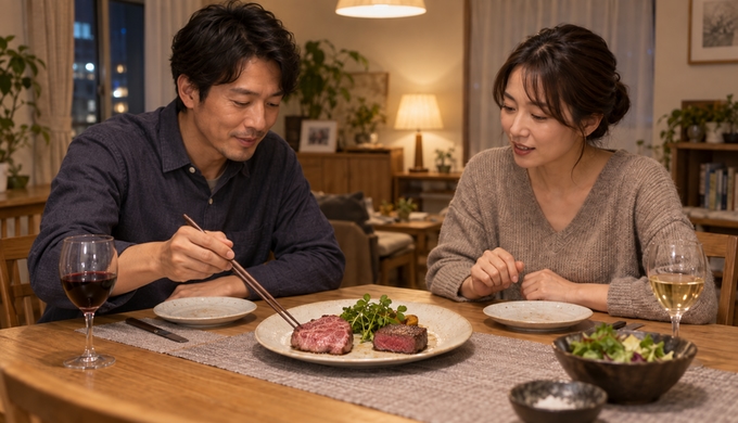 食卓で二人が同じ皿に並んだ霜降りの牛肉と赤身のヒレを見比べ、食べ始めようとしている。