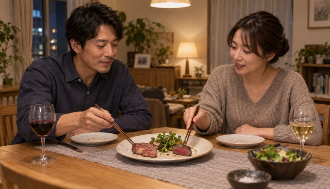 二人が食卓でそれぞれ霜降りの牛肉と赤身のヒレへ手を伸ばしながら話している。