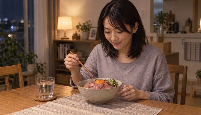 夜の自宅の食卓で、ローストビーフと卵をのせた丼を前に座る人物。