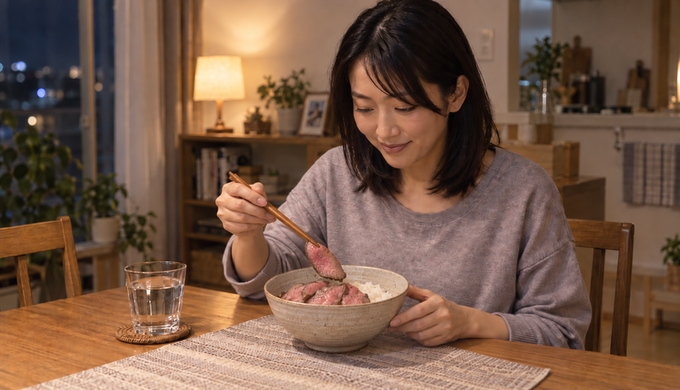 自宅の食卓で、ご飯を入れた丼にスライスされたローストビーフをのせている人物。