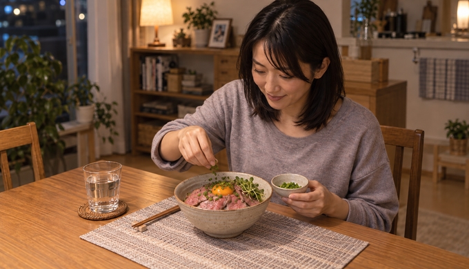 ローストビーフと卵をのせた丼に、人物が薬味を添えて仕上げている様子。