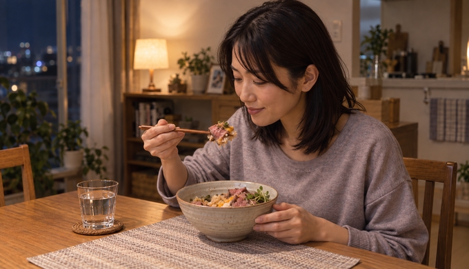 夜の食卓で、人物がローストビーフとご飯を箸で取りながら丼を食べている様子。