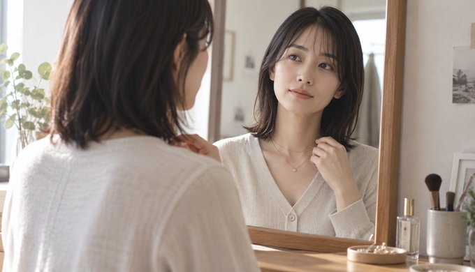 鏡の前で、ペンダントネックレスに華奢なネックレスを重ねて首元の見え方を確かめる人物。