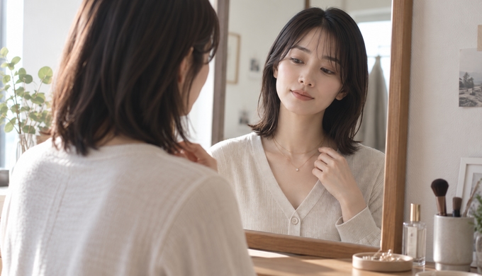 鏡の前で、普段使いのペンダントネックレスに華奢なネックレスを重ねた首元を確認する人物。