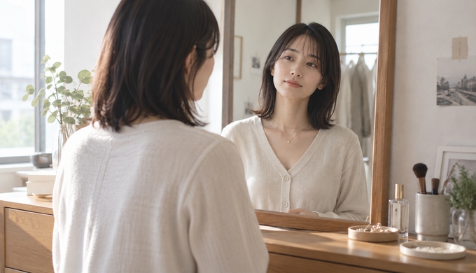 別の手持ちネックレスと華奢なネックレスを重ね、鏡の前で新しい組み合わせを確認する人物。