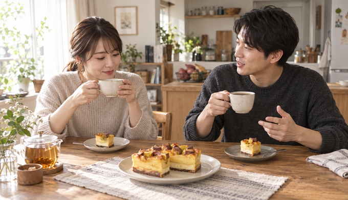 自宅のダイニングで二人が蜜芋チーズケーキを囲み、紅茶とコーヒーをそれぞれ手にしながら食べ比べている。
