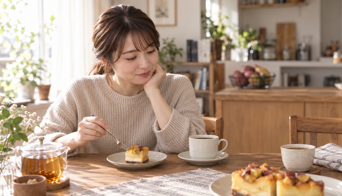 同じテーブルでコーヒーに飲み物を替え、同じ蜜芋チーズケーキを食べ比べている人物。