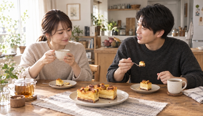 自宅のダイニングで二人が蜜芋チーズケーキを食べながら、それぞれ紅茶とコーヒーを選んで話している。