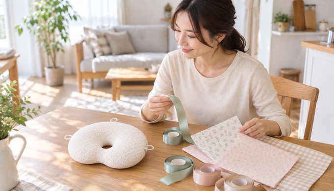 赤ちゃん用の枕を前に、包装紙とリボンの組み合わせを選んでいる人物。