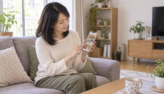 リビングのソファで、スマートフォンに表示された複数のペット写真を見比べている女性。