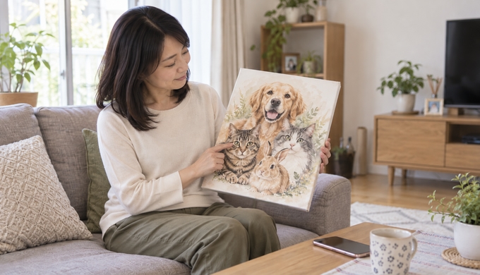 複数のペットが一枚に描かれたキャンバスを手に持ち、それぞれの顔を見比べている女性。
