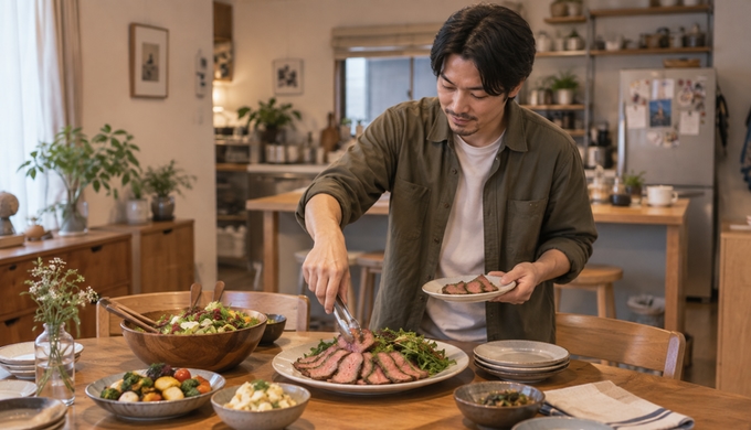 自宅のダイニングで、人物がスライス済みのローストビーフを大皿へ並べている。