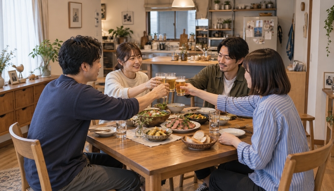 自宅の食卓に4人がそろい、料理とローストビーフを囲みながら乾杯している。
