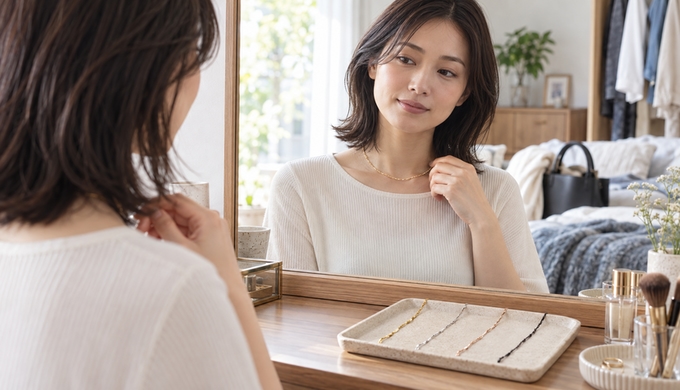 アクセサリーの色を変えて、いつもの服の似合い方を見比べる