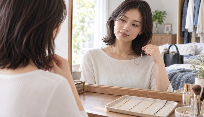 ゴールドのネックレスを着用し、シルバーのネックレスを手に持って鏡で見比べている女性。