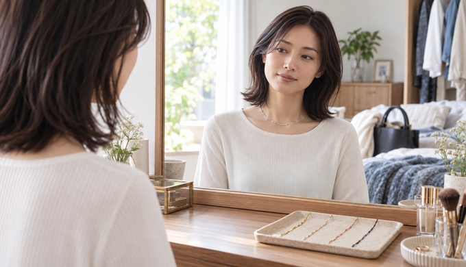 シルバーのネックレスを着用し、鏡の前で身支度を確認している女性。