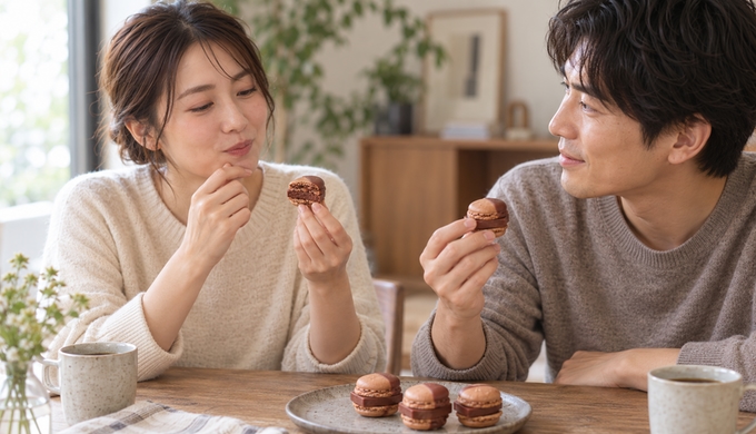二人が生チョコマカロンを手に持ち、一人が食べかけの断面を見ながら味について話している。