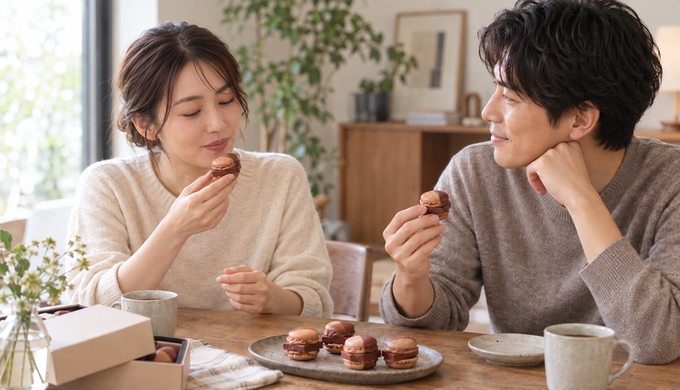 一人が生チョコマカロンを口元へ運び、もう一人がマカロンを手にしながらその様子を見ている。